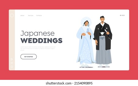 Traditional Japanese Wedding Landing Page Template. Asian Marriage Ceremony. Newlywed Couple Wear National Costumes, Bride and Groom Characters in Kimono and Sabo. Cartoon People Vector Illustration