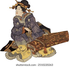 Traditional Japanese Woodblock Style of a seated Geisha playing the 12 string Koto in a Kimono