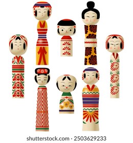 Muñecas de madera japonesas tradicionales. Muñecas Kokeshi. Ilustración vectorial

