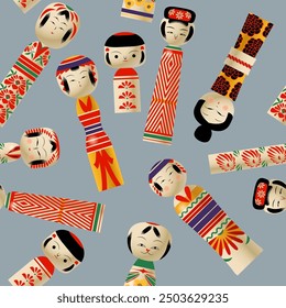 Traditional Japanese Wooden Dolls. Kokeshi dolls. Seamless background pattern. Vector illustration

