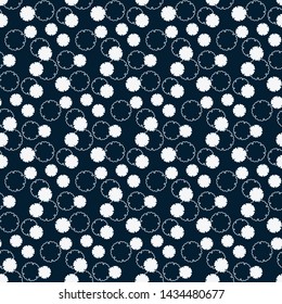Traditional Japanese Yukiwa seamless pattern, stylized winter snowflakes, white on dark blue background. Vector illustration. Flat style design. Concept for textile print, wallpaper, wrapping paper.