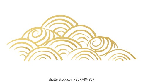 Traditional Japanese-style illustration with abstract gold patterns. Arrangement of brush-stroke line drawing of Seigaiha. Concept of sea, waves and whirlpools