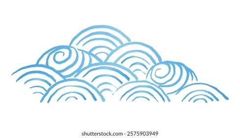 Traditional Japanese-style illustration with abstract light blue patterns. Arrangement of brush-stroke line drawing of Seigaiha. Concept of sea, waves and whirlpools