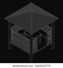 A traditional Japanese-style wooden gazebo with a pitched roof and symmetrical slats, set in a lush garden. The slanted roof has raised edges for a three-dimensional effect, while the rectangular.
