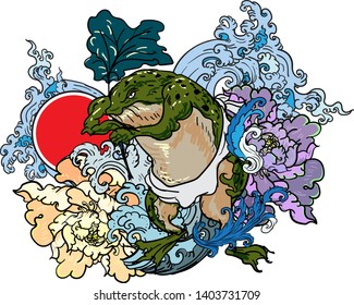 Traditional Japanses Frog tattoo with water wave and peony flower and lotus leaf and red sun.Green Frog with Japanese wave vector and wallpaper style.