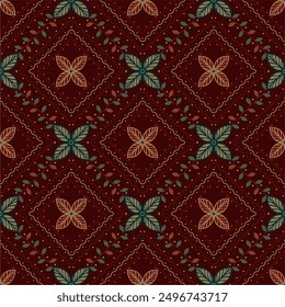Patrón tradicional de batik javanés. Patrón de pañuelo. Bufanda de cuello de seda. Imprimir Bandanas. pañuelo para la cabeza. Estilo vintage floral. Batik indonesio. Textiles, Telas, Azulejos, Ropa. Textura tribal. Vector