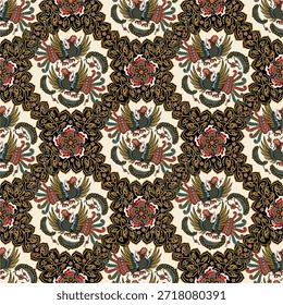 Padrão tradicional sem emenda batik javanês com motivo de galo simbólico, ornamentos florais e cores clássicas. Ideal para têxteis, tecido, papel de parede, moda e projetos culturais.