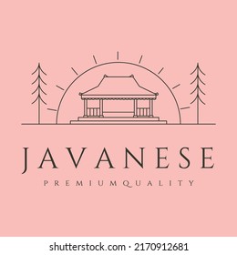traditional javanese house and sun with tree line art logo vector symbol illustration design