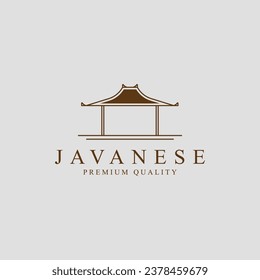 traditional javanese house and tree line art logo vector symbol illustration design