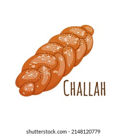 Traditional jewish cuisine for sabbat.Braided bread challah, isolated on white background.Vector cartoon illustration.