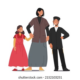 Traditional Jewish Family Characters Mother With Daughter And Son, Orthodox Jew Human Generations. Israel People Relations, Bonding And Love Isolated On White Background. Cartoon Vector Illustration