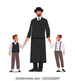 Traditional Jewish Family, Orthodox Jew Father With Sons Characters. Human Generations, Relations, Bonding, Israel People Together Isolated On White Background. Cartoon Vector Illustration