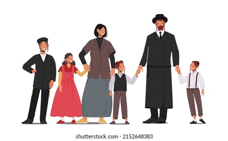 Traditional Jewish Family, Orthodox Jew Parents and Children Characters. Israel People Mature and Young Generations. Human Relations, Bonding Isolated on White Background. Cartoon Vector Illustration