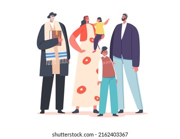 Traditional Jewish Family, Orthodox Jew Parents, Grandfather And Kids Characters. Israel People Mature And Young Generations. Human Relations Isolated On White Background. Cartoon Vector Illustration