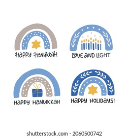 Traditional Jewish holiday collection. Chanukah wishes isolated on white. Hanukkah vector celebration typography. Love and light sayings. Festive rainbow, candle, star David.