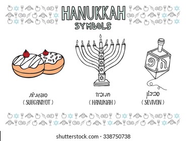 Traditional Jewish Holiday Hanukkah. Hand drawn Sukkot symbols. Hanukiah, sufganiyot and sevivon. Vector doodle illustration with Jewish topic pattern and Israel flag.