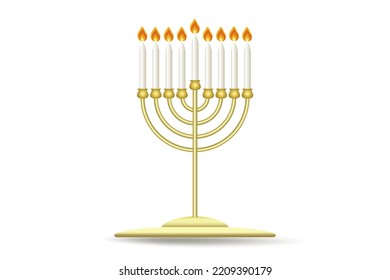 Traditional Jewish Holiday Hanukkah. Hanukkah menorah (Traditional Candelabra). Golden Hanukkah menorah with burning candles. Hanukkah candlestick with nine candle isolated object on white. Vector