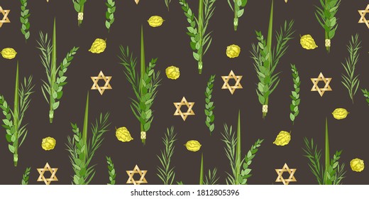 Traditional Jewish Holiday Sukkot seamless pattern. Jewish torah Lulav date palm, Etrog citron, Arava willow and Hadas myrtle isolated on dark. Repeating with etrog, lulav, Arava, Hadas. Vector