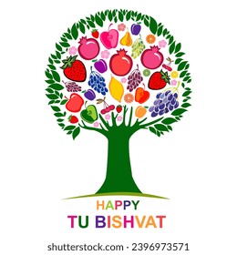 Traditional Jewish Holidays, Tu Bi Shvat, New Year for Trees, Isolated on White Background. Blooming tree. Tu Bishvat greeting card, poster. Jewish holiday, new year of trees. Vector Illustration 