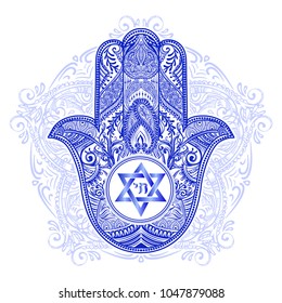 Traditional Jewish sacred amulet and religious symbols in national Jewish colors - Hamsa or hand of Miriam, palm of David, star of David, Rosh Hashanah, Hanukkah, Shana Tova