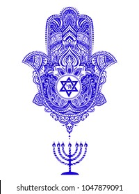 Traditional Jewish sacred amulet and religious symbols in national Jewish colors - Hamsa or hand of Miriam, palm of David, star of David, Rosh Hashanah, Hanukkah, Shana Tova