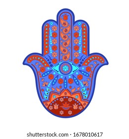 Traditional Jewish sacred amulet and religious symbol-Hamsa or hand of Miriam, palm of David, star of David, Rosh Hashanah, Hanukkah, Shana Tov. Vector illustration.