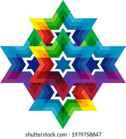 Traditional  Jewish star Magendavid - Star of David. Vector illustration. Colorfur patterned geometric background.