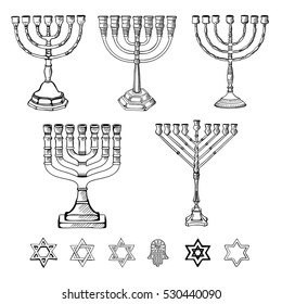 Traditional Jewish symbols and attributes of the holiday set. Jewish religious symbol menorah