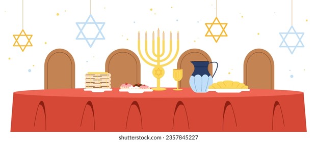 Traditional jewish table concept. Delicious and festive meals, Menorah. Hannah Torah celebrate and holiday. Poster or banner for website. Dessert and delicacy. Cartoon flat vector illustration