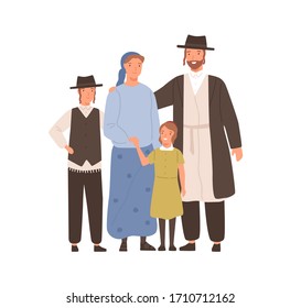 Joyas tradicionales sonrientes caricaturas familia vectorial ilustración plana. Madres, padres, hijos e hijas vestidos de colores y aislados en blanco. Gente feliz abrazando con emoción positiva