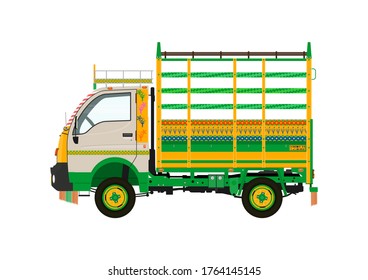 Traditional jingle truck. Side view of small truck. Flat vector.