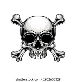 Traditional Jolly Roger design. Vector illustration of human skull with crossbones in engraving technique isolated on white background. 