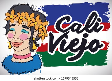 Traditional Jovita character with flag painted in brushstroke style promoting the Carnival Parade of Cali Viejo in the Cali's Fair (written in Spanish).