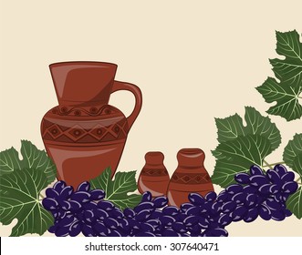 Traditional Jug of wine with grapes composition. Vector