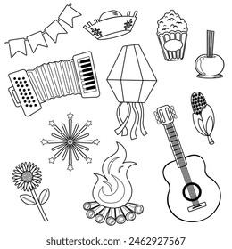 Traditional June festival "Festa junina" in  Brazil. Vector graphics black and white flat design.