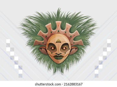 Traditional Jungle Mask. Wood Mask, Grass Border. White Background - Stock Vector