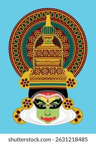 Traditional Kathakali dancer face with elaborate makeup, green face, and ornate headgear from Kerala