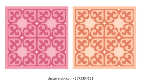 Traditional Kazakh ornamental pattern in warm pink and orange tones. Seamless vector tile design inspired by Central Asian decorative motifs. Perfect for textile, wallpaper, or cultural-themed project