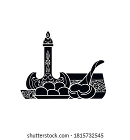 Traditional Kazakh treat for the holiday. Baursak, koumiss and shubat. National Asian food. Vector black silhouette illustration for menu, invitation, greeting card and your design.