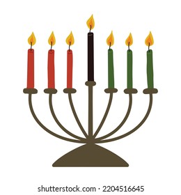 Traditional kinara candleholder with seven candles in traditional African colors - red, black, green. Simple hand drawn vector illustration, drawing candles clip art for Kwanzaa celebration.