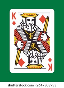 Traditional King of Diamonds playing card with classic symmetrical design, bold red and yellow tones, on a dark green background. Vector illustration