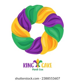 Traditional king's cake covered with colorful glaze. View from above. Celebrate festive and delicious during Mardi Gras carnival