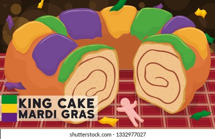 Traditional king's cake served in a tablecloth, baby Jesus toy and sign with flag, under a confetti shower to enjoy this delicious dessert during Mardi Gras carnival.