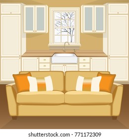 Traditional kitchen cabinetry interior with sofa, jaw box and window. Vector illustration. 