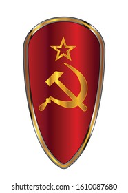 The traditional knights shield associated with a crusader with the hammer and sickle emblem of the Soviet Union