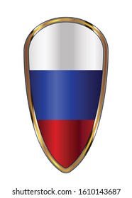 The traditional knights shield associated with a crusader with the Russian red white and blue flag