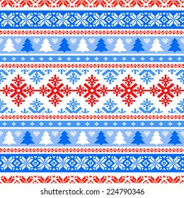 Traditional knitted background with Christmas trees and snowflakes