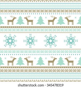 Traditional knitted motives deer, christmas  tree, snowflakes seamless pattern 