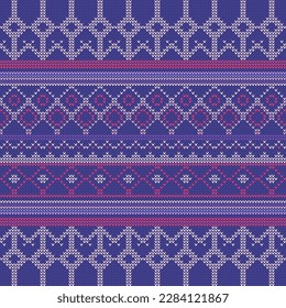 Traditional knitted pattern with ornament. Seamless knitted design. Woolen pullover texture. Geometric background. Winter holiday seamless knitted pattern. Traditional sweater knitting design.