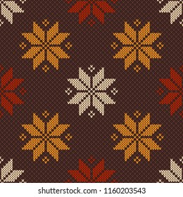 Traditional Knitted Sweater Design with Flowers. Vector Knit Seamless Texture Imitation